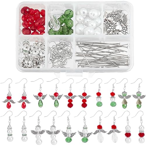 SUNNYCLUE 1 Box DIY 10 Pairs Christmas Charms Earring Making Kit Angel Beads for Jewelry Making Snow Flower Angel Wings Beads Faceted Bicone Crystal Glass Beads Jump Rings Earrings Hooks Adult Women