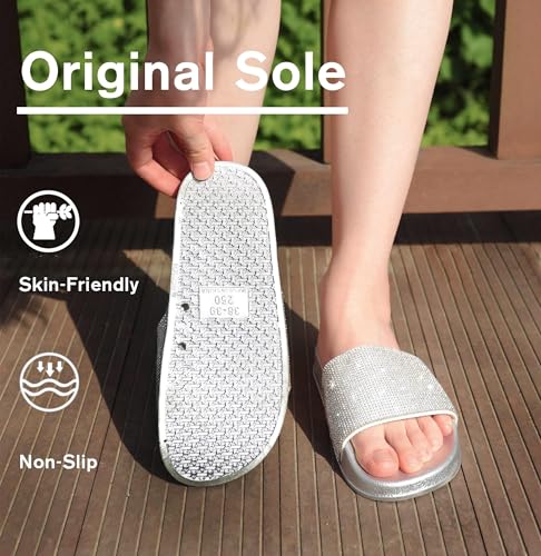 Image of Fur Story Womens Slides House Slippers Rhinestone Glitter Slides Cute bling Flat for Women Platform Sandals Cozy Bedroom Slippers Shower Shoes