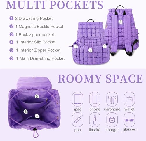 Image of MOCA Quilted Puffer Backpack for Women, Nylon Puffy Casual Girls Womens Backpack, Lightweight Hiking Gym Daypack Preppy Travel Bag with Adjustable Top Flap Drawstring