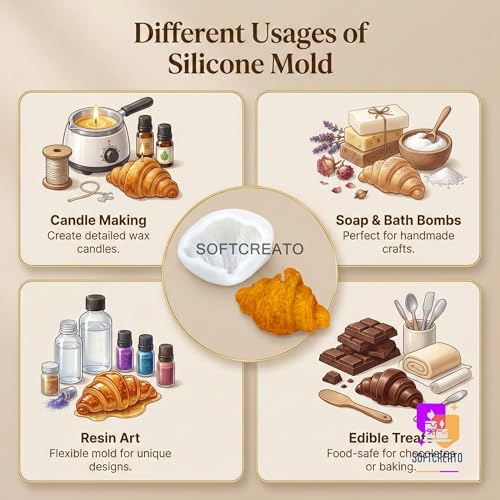 Image of Croissant Silicone Candle Mould | 3D Bakery Bread Dessert Shape Candle Making Mould | Food Cake Cupcake Wax Soap Resin Art Silicone Mould for DIY Handmade Decorative Candles (Croissant A)