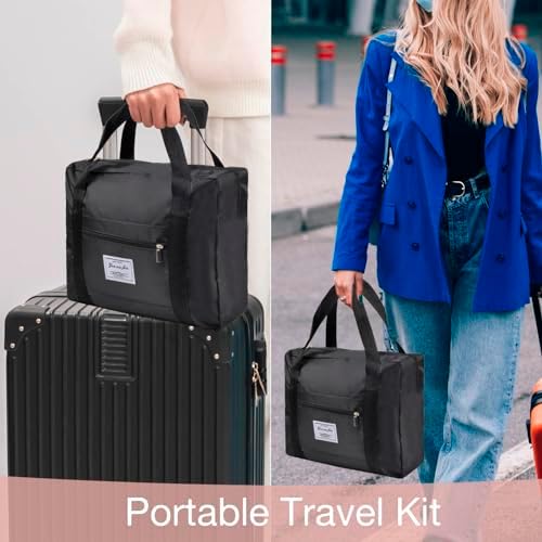 travel pillow and blanket set in black packed into a duffel
