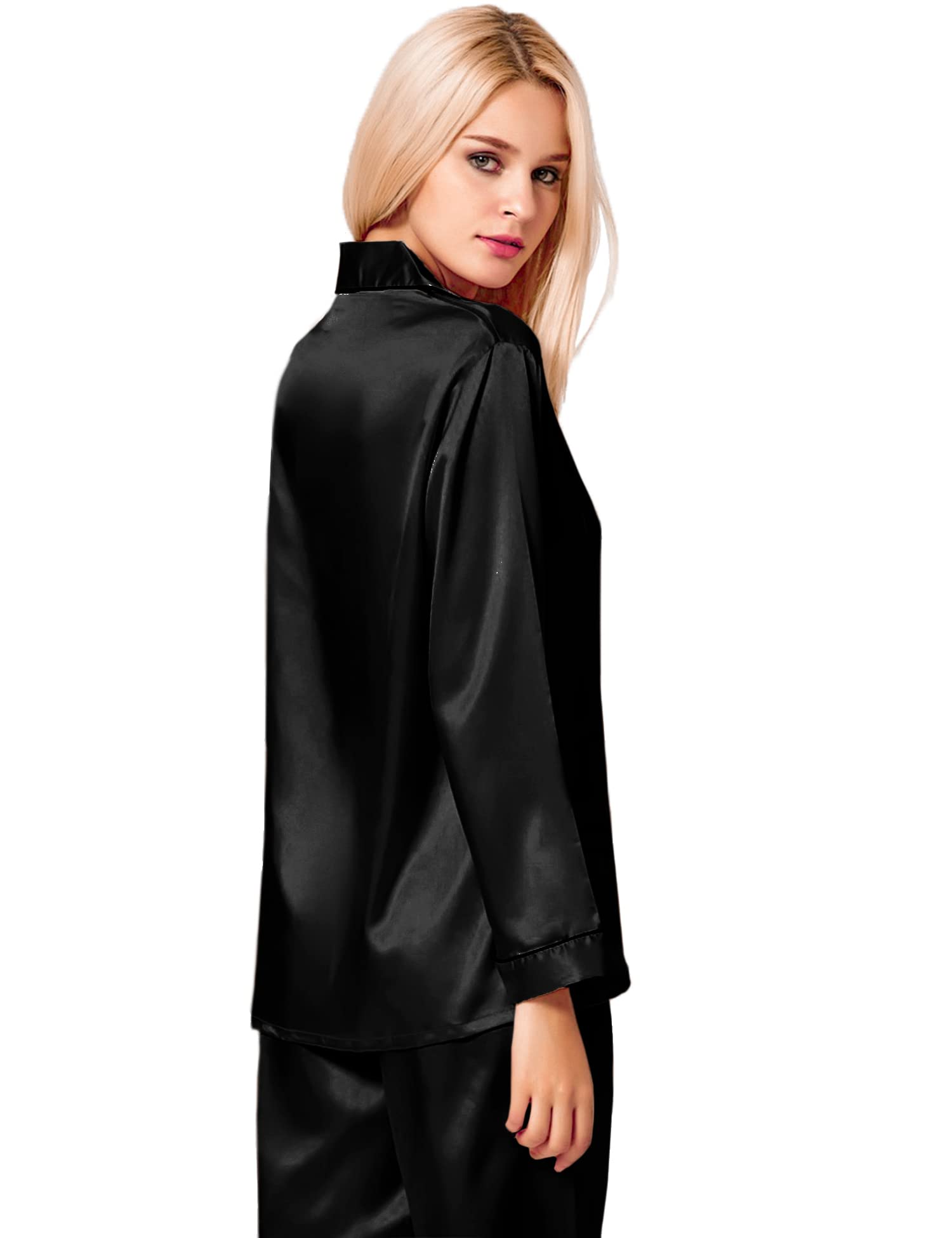 SWOMOG Womens Silk Satin Pajamas Set Long Sleeve Button Down Sleepwear 2 Piece Lounge Set Pj Set XS-3XL