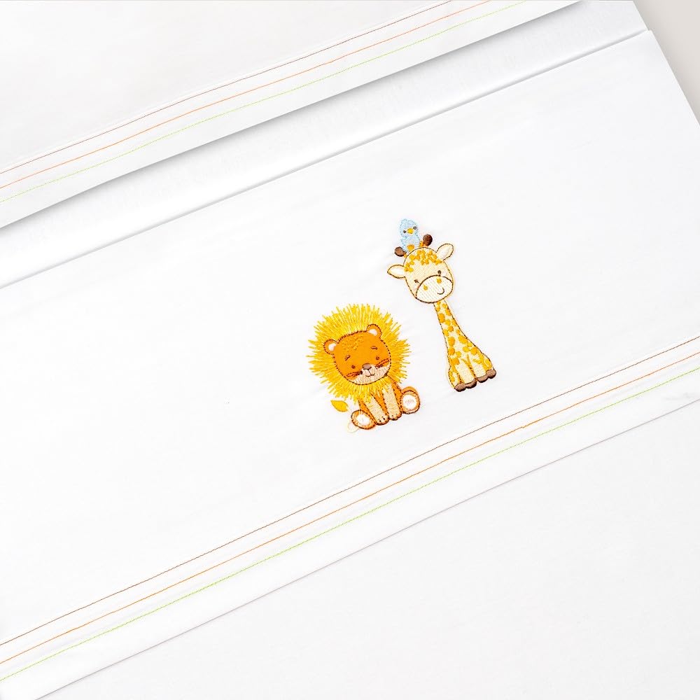 Interbaby - Parure de lit pour Berceau 50 x 80 cm, 100% Coton, avec Drap-Housse, Drap Plat et taie d'oreiller, idéale pour Printemps, été, Lion Girafe Oiseau Blanc