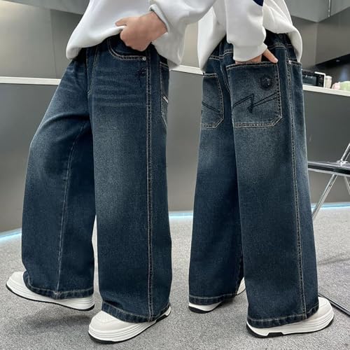 Boys Baggy Jeans Straight Wide Leg Denim Jeans Casual Elastic Waist Loose Fit Trousers Y2K Streetwear with Pockets3
