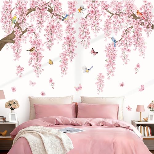 wondever Stickers Muraux Grand Branche de Fleurs Floral Rose Autocollants Muraux Mural Stickers Fleurs de Cerisier Branche Arbre Oiseaux pour Salon Chambre Mur...