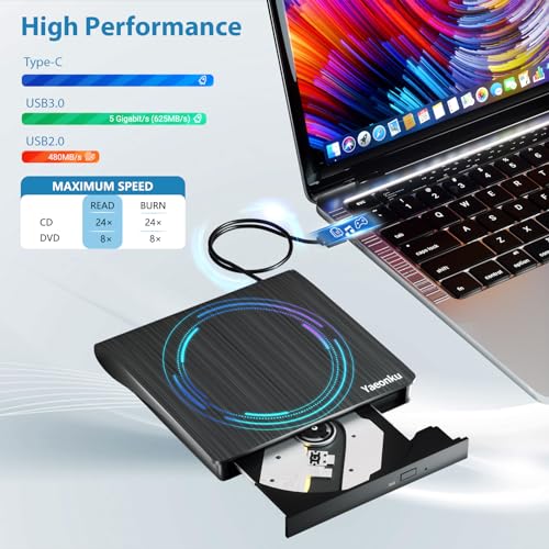 Image of Yaeonku External CD DVD Drive, USB 3.0 Portable CD DVD + /-RW Optical Drive, DVD /CD ROM Rewriter Burner, Compatible with Laptop Desktop PC Windows Linux OS Mac