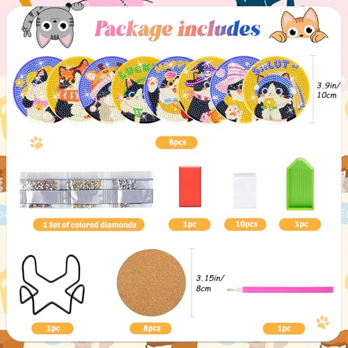 Image of ZTOTZ Diamond Art Coasters Kit with Holder, Cute Cat Theme, 8 Pcs, Round, 3.9 Inch, DIY Diamond Painting Craft for Cat Lovers