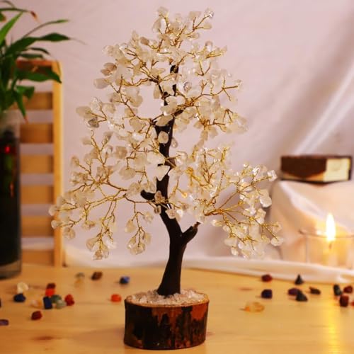 Image of Clear Quartz Crystal Tree for Positive Energy & Clarity | 600 Beads | 10 Inch Approx | Healing Tree for Home | Feng Shui Bonsai Tree for Prosperity, Peace & Good Luck