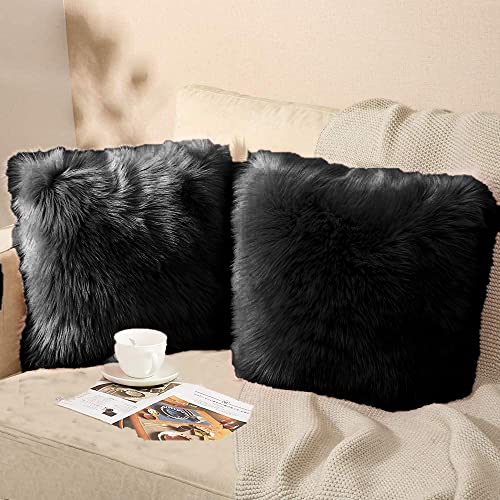 Image of Fur Cushion Pillow Cover for Set of 2 Pillow - 13x13 Inches (Black)