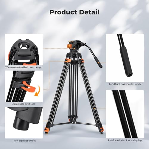 K&F CONCEPT 80" Video Tripod with Fluid Head, Aluminum Heavy Duty Camera Tripod with Smooth Friction Damping, Quick Release Plate for DSLR, Mirrorless, Camcorder, Video Cameras, Max Load 17.6lb by K&F CONCEPT - Image 8