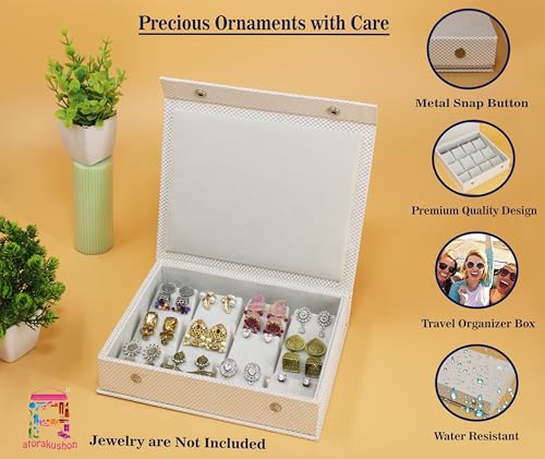 Image of atorakushon PU Leather Makeup Storage Box Travelling Vanity Jhumka Earrings Cosmetic Necklace Jewellery Wardrobe Organizer for Woman (Zig Zag Cream)