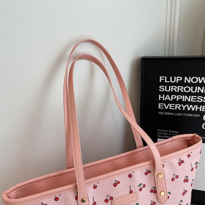 Image of hibear Cherry Print Tote Bag for Women Bow Shoulder Handbag Trendy Faux Leather Top-Handle Bag with Cherry Accessories