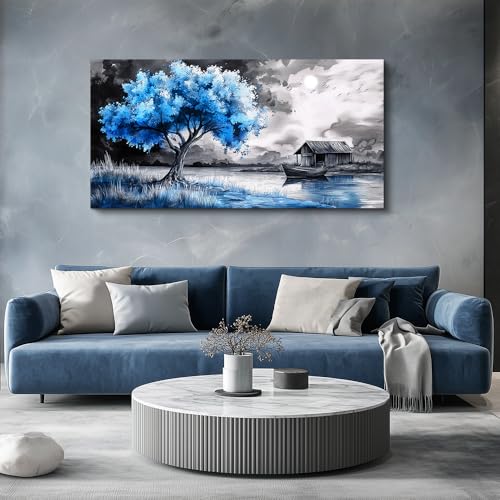 PHAOHUAXM Wall Art For Living Room Large Wall Decor For Bedroom Black White And Blue Trees Wall Pictures Artwork Restaurant Office Frame Printing Canvas Artwork Modern Home Decor Aesthetic 24x48 in