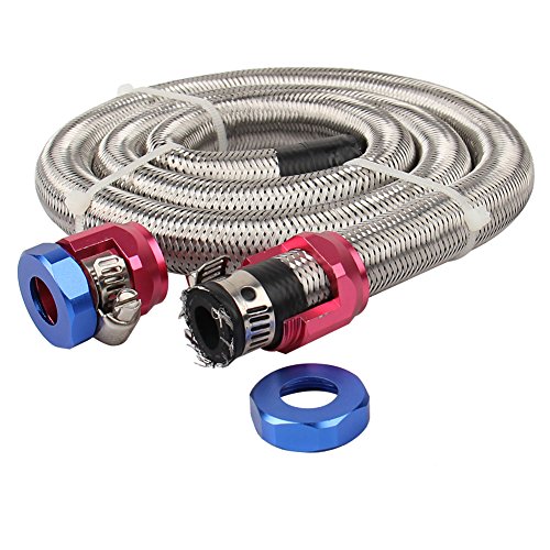 3Ft 6An 3/8" Fuel Line Hose Braided Stainless Steel W/2Pcs An6 Hose Fitting Kit Blue & Red Universal For Racing Fuel, Gas, Coolant Etc #TOP5