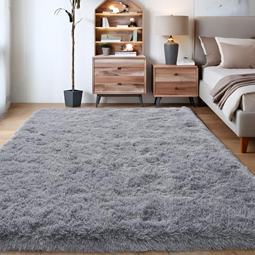 KING DARE Grey Fluffy Rug 5x7, Washable Plush Fuzzy Shaggy Non-Slip Soft Carpet for Bedroom Living Room Dorm Playroom Kids Room, Modern Home Decor Aesthetic