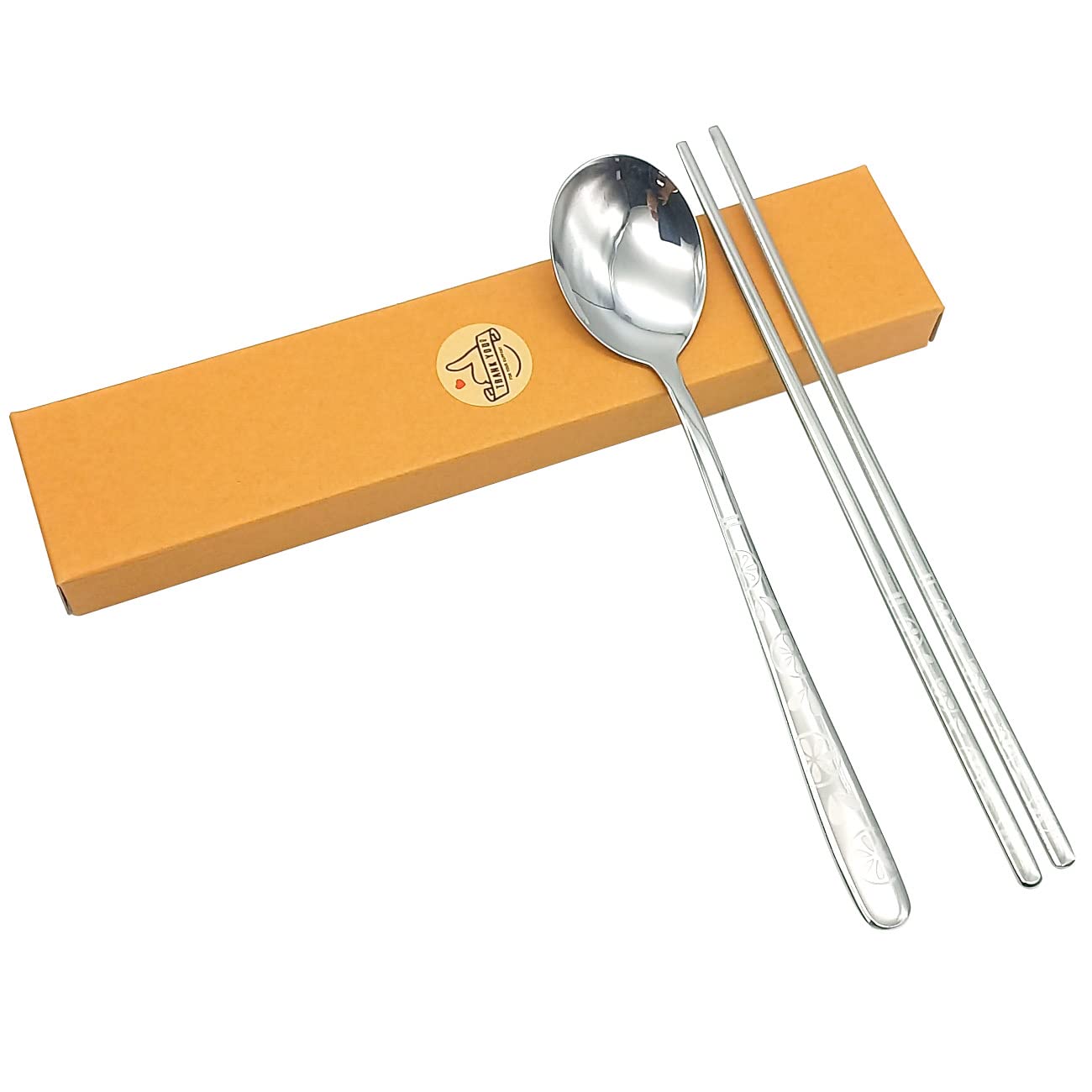 SUPIA Korean Traditional Cutlery Stainless Steel Spoons and Chopsticks Set Tableware with Long hand, Reusable Silver Orange