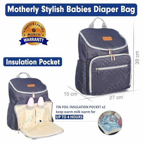 Image of Motherly Diaper Quilted Diaper Bag for Mothers for Travel with Changing Mat - Spacious Diaper Bags for Mom | Baby Bag with Multi-Pocket Design | Maternity Bags for Mother and Baby (Navy Blue)
