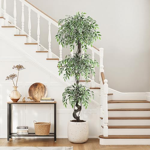 GarveeHome Artificial Ficus Tree for Home Decor Indoor,6FT Faux Floor Tree White Imitation Ceramic Planter, Indoor Outdoor Lifelike Fake Ficus Tree with Pebbles & Green Fake Moss for Office