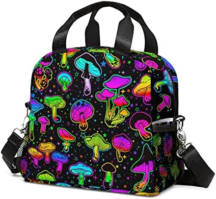VIELEGELD Mushroom Lunch Bag, Reusable Lunch Box Insulated Meal Tote for Kids Women Men Cooler Bag with Shoulder Strap, Durable Lunch Tote for Work School Picnic, Colorful Mush