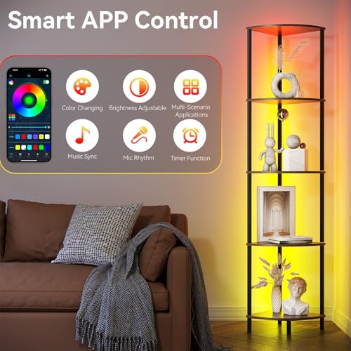 Image of SUNMORY 5 Tier Corner Shelf with LED Light, Industrial 65 inch Corner Shelves | Wall Corner Bookshelf, Display Shelf for Living Room Decor, Multi Unit Organizer, Tall Shelf Plant Stand for Bedroom Bathroom