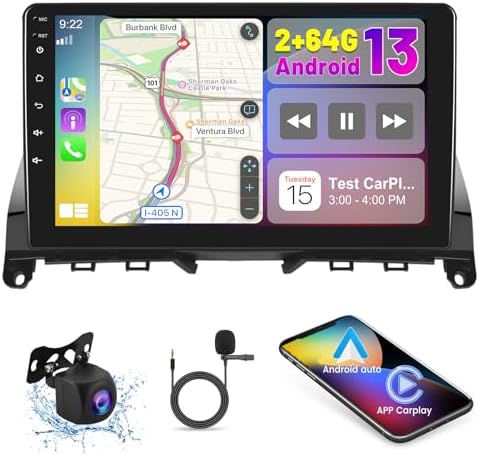 [2G+64G] Car Radio for Mercedes Benz C Class W204 S204 2006-2011, 9 inch Android 13 Touch Screen W204 Stereo, Apple Carplay/Android Auto/1080P/Bluetooth/WiFi + AHD Backup Camera + MIC
