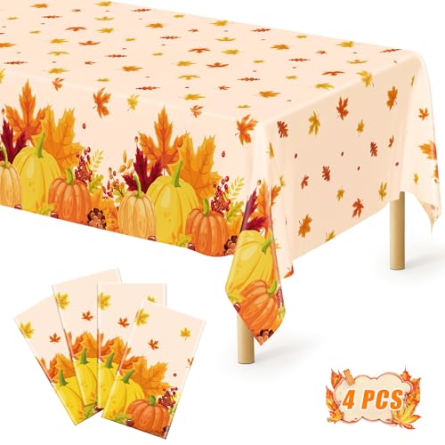 Image of 4 Pack Fall Thanksgiving Tablecloths Disposable Leaves Pumpkin Table Cloth