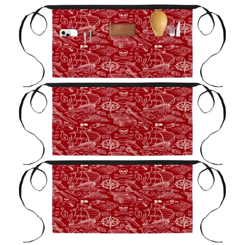 Tablier court de chef pour la cuisine et le bistrot : lot de 3 demi-tabliers à poches