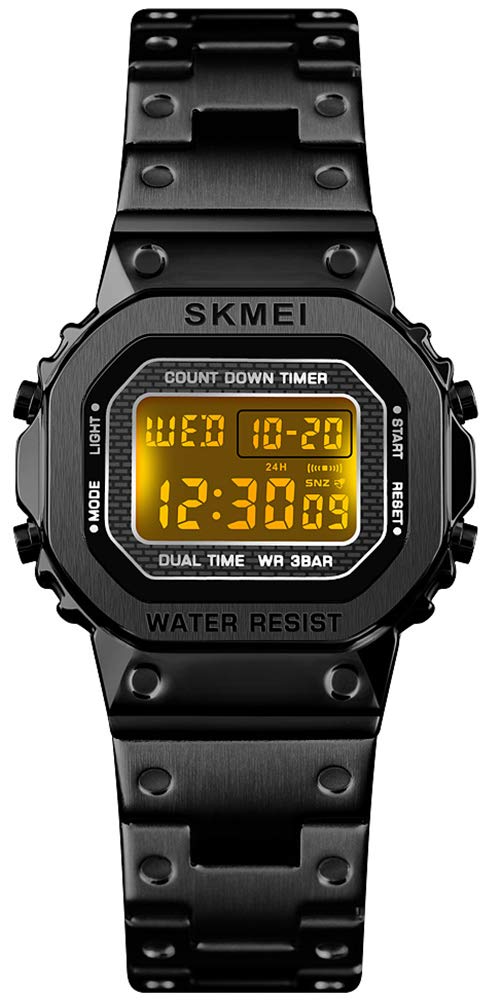 PASOY Mens Digital Multi-Function Watches Stainless Steel Square Case Dual Time Alarm Stopwatch Countdown Backlight Waterproof Watch, Black for women, Medium, Digital (B08BWSV2RK) Amazon Price History, Amazon Price Tracker