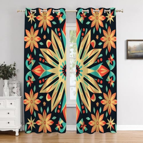 BaoNews Floral Pattern Bedroom Curtains, Colorful Geometric Design Blackout Drapes Grommet Insulated Thermal Curtains for Living Room, 52X84 Inches 2 Panels
