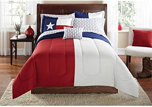 8pc Boys Flag Texas Themed Comforter Full Set, Sports Design, Colors Stands Loyalty Purity Bravery, Adults, Star Stripes Bedding, USA State Flag, Blue Red White
