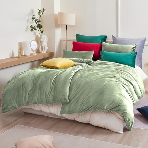 Beqnat Winter Flanell Bettwäsche 135x200 4teilig Warme Flauschige Plüsch Bettwäsche Sets Cashmere Touch Winterbettwäsche Fleece Bettbezug 2er + Kissenbezug 2er 80x80 mit Reißverschluss, Salbeigrün