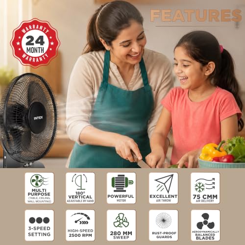 Image of Intex Turbo Jet table fan jet 12 All Purpose Fan 280mm (12 Inch) | 145W High Speed Motor | 2500 RPM | 3 Speed Control | 180 Vertical Adjustment | Rust Proof Guard | Aerodynamic Blades | Black