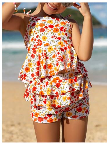 MakeMeChic Girl's Tankini Swimsuit Two Piece Floral Printed Ruffle Tiered Tie Shoulder Bathing Suit2