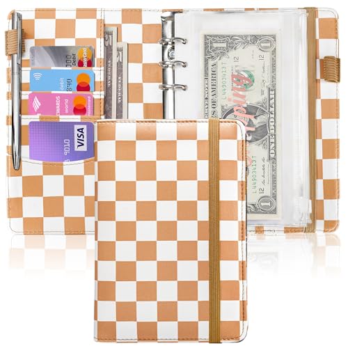 Image of A6 Budget Binder for Money Saving, PU Leather Budget Planner with 8 Cash Envelopes, Budget Sheets & Rose Gold Category Stickers, Money Organizer for Cash (Tan Checkered)