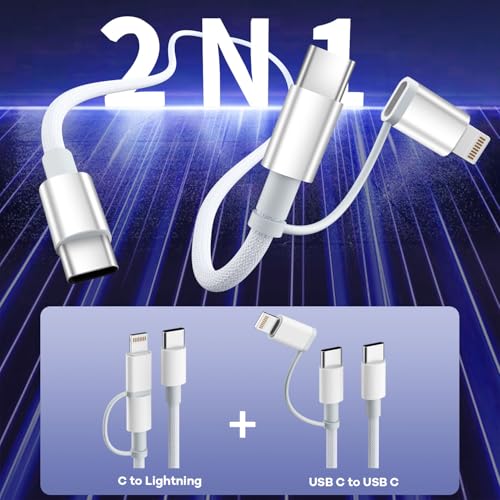 Image of 60W Max 2 in 1 USB C to C /IP Cable, Fast Charging Type-C Cable, Travel Essentials USB-C Multi iPhone 17 Charger Cord Compatible for iPhone 17-8, Android, iPad and More, Carplay Cable(2Pack 4FT)