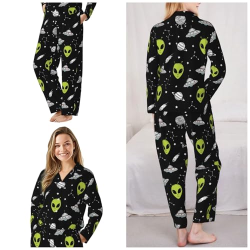 Image of Women'S Long Sleeve Pajama Set Soft Loungewear Button-Down Top & Elastic Waist Pants S- 2XL