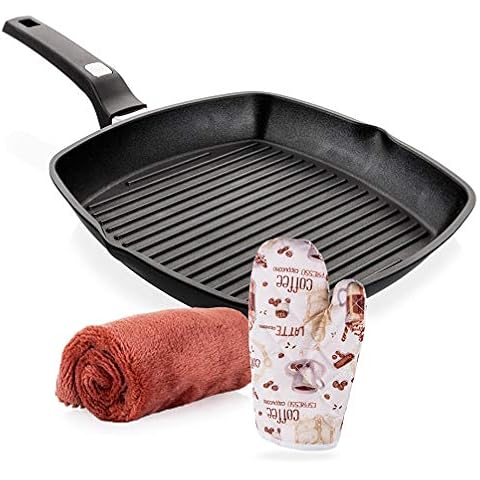 Moss & Stone Griddle Aluminum Nonstick Stove Top Square Grill Pan,Chef Quality Perfect for Meats Steak Fish And Vegetables,Dishwasher Safe,11 inch, Black (Comes With a Special Cloth And Gloves) Cover