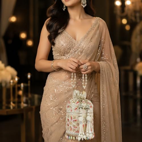 Image of Nevis Silk Fabric Embroidered Potli Bag with Pearl Beaded Handle | Designe Ethnic Drawstring Clutch for Wedding, Festive