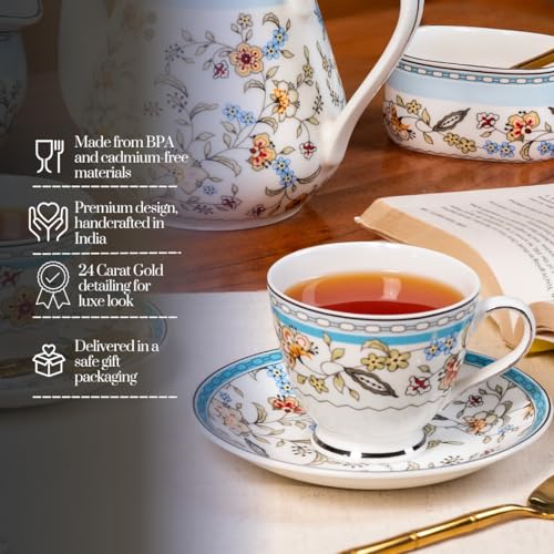 Image of GOLDEN QUEEN'S Cup & Saucer Set | Perfect for Hosting & for Tea /Coffee Lovers | Handcrafted in India, Inspired by Florals & Platinum on Rim | 6 Cups & 6 Saucers |170 ml - Blue Botanicals