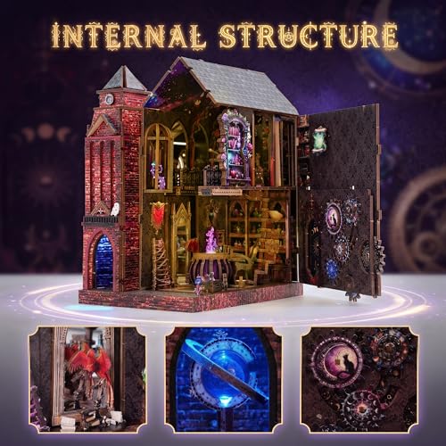 Image of Book Nook Kit, DIY Miniature House Dollhouse Crafts Kit for Adults and Teens, Magic Castle 3D Wooden Puzzle Booknook Build Bookshelf Decor, Gifts for Family and Friends（Arcane Sprire）