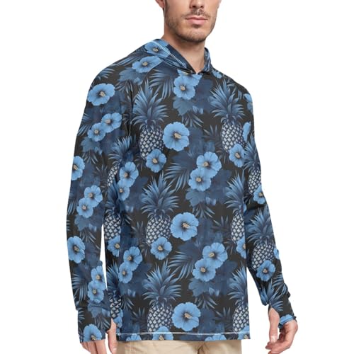 Teal Hibiscus Pineapples Men's Sun Protection Hoodie Long Sleeve UPF 50 + Mens Sun Shirts Adult Rash Guards Mens Rash Guard