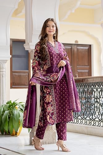Image of MEERA FAB Women's Cotton Blend Straight Printed Kurta with Palazzo & Dupatta
