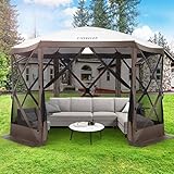 COBIZI 12x12 Pop Up Gazebo Screen Tent Screen House for Camping, Screen Room with Mosquito Netting, Hub Tent Instant Screened Canopy with Carrying Bag and Ground Stakes, Brown