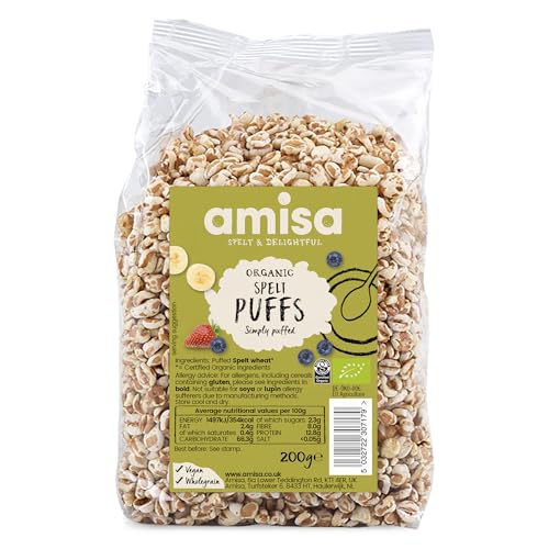 Amisa Organic Spelt Puffs, 200g - Light & Crunchy Texture - High in Fibre & Vegan-Friendly Cereal