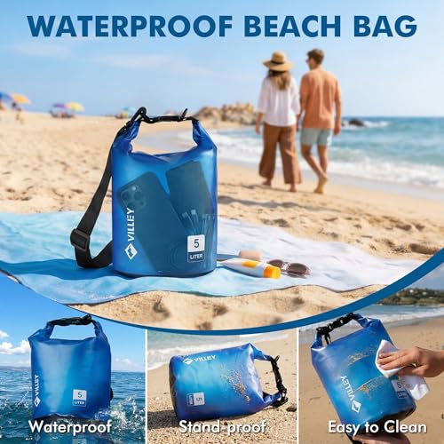 Image of VILLEY Dry Bag Waterproof 5L Roll Top Storage Backpack, Keeps Gear Dry Lightweight Backpack for Kayaking Boating Camping Swimming and Beach Accessories Blue Transparent