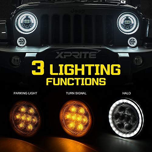 Image of Smoked Len Turn Signals Lights w /DRL Halo Compatible with 2007-2018 Jeep JK | Ultra-Bright LED, Parking Lights, ABS Plastic Shell, Waterproof, Plug N Play, Amber