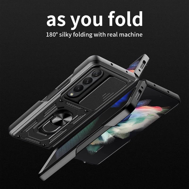Image of Tough Armor Back Cover for Samsung Galaxy Z Fold 4 5G Bumper Back Case | Ring Holder & Sliding Camera Shield Cover | 360 Degree Protection Back Case Cover (Black)