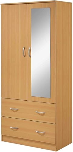 Miniatura 12 de HODEDAH Armario de madera de 2 puertas con barra de ropa dentro del gabinete, 2 cajones para almacenamiento y espejo, color blanco Blanco,Negro