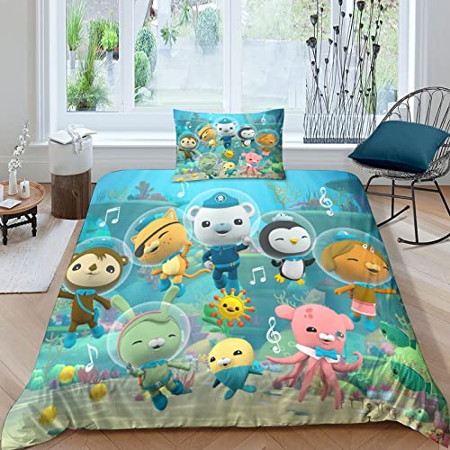 Octonauts Housse De Couettes 3 Pièces Dessin animé Ensemble De Literie Imprimé en 3D Taies d'oreiller Fermeture À Glissière Dissimulée Parures De Lit en Microfibre Single（135x200cm）