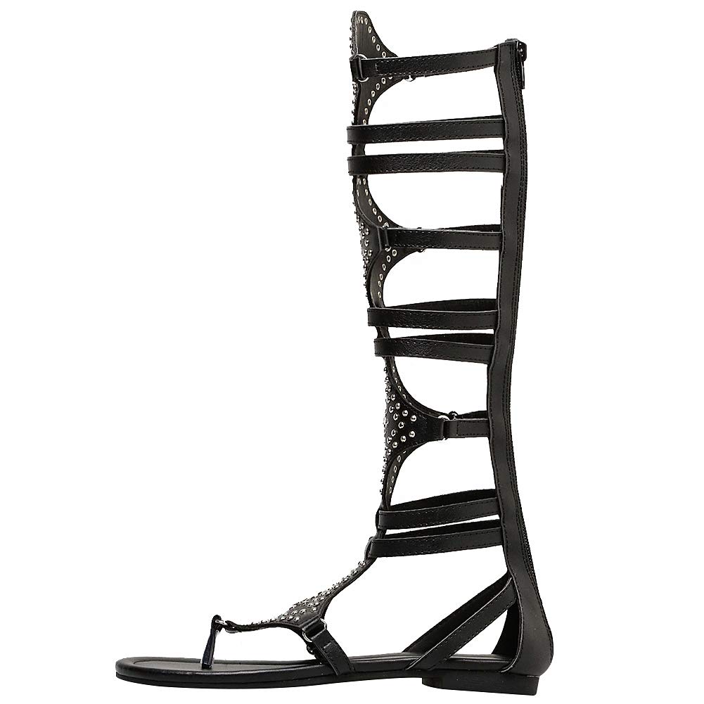 Damen Knie Hoch Römische Gladiator Sandalen Nieten Besetzt Riemchensandalen Reißverschluss Zehensandalen
